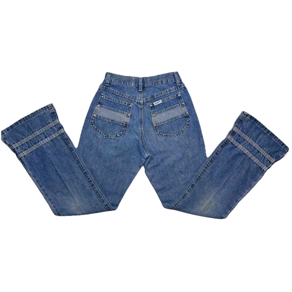 VINTAGE ULTRA RARE LEE PIPES 90s Logo Y2k Flare Jeans Rivet Distress Women 26.5